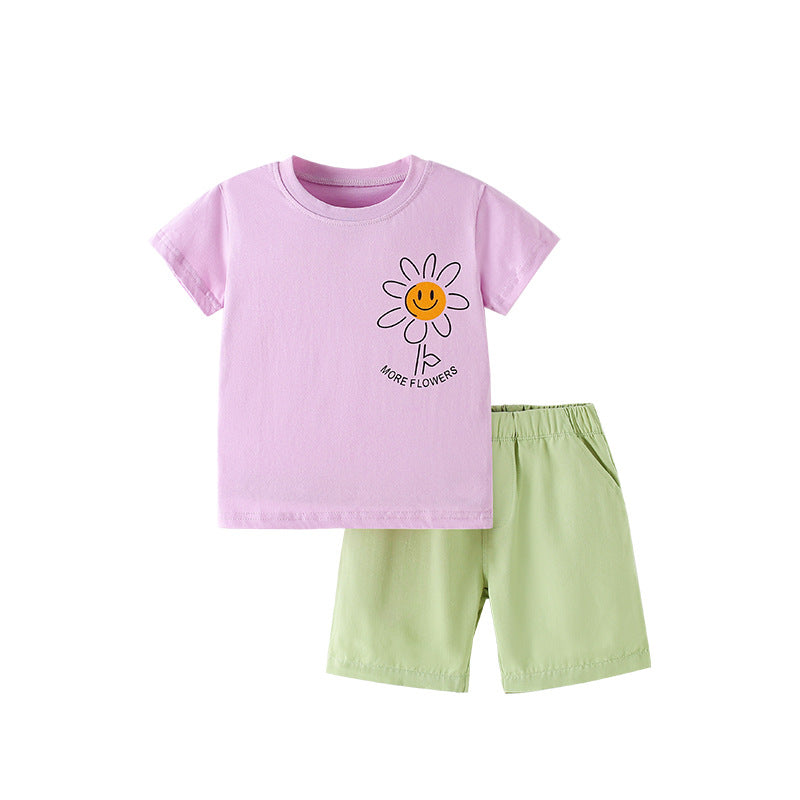 Summer Baby Kids Casual Flower Cartoon Pattern T-shirt and Shorts Clothing Set, MyKids-USA®, Baby & Toddler Outfits, MyKids-USA - Size/Age - 100 (2-3Y) - Color - Purple -  -  - TR2505261909-A