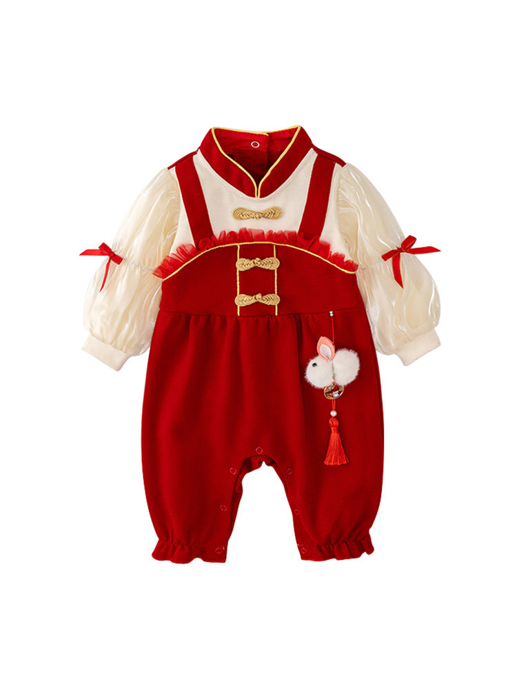 Autumn Design Baby Girls Color Patchwork Stand Collar Romper with Butterfly Bows, MyKids-USA®, Baby One-Pieces, MyKids-USA - Size/Age - 66 (3-6M) - Color - Red -  -  - TR2408062241-A