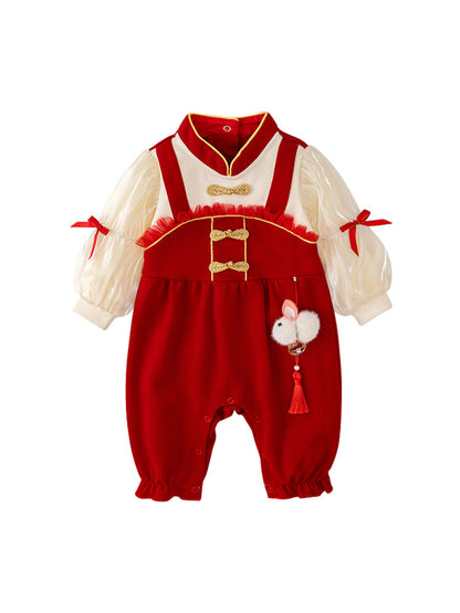 Autumn Design Baby Girls Color Patchwork Stand Collar Romper with Butterfly Bows, MyKids-USA®, Baby One-Pieces, MyKids-USA - Size/Age - 66 (3-6M) - Color - Red -  -  - TR2408062241-A