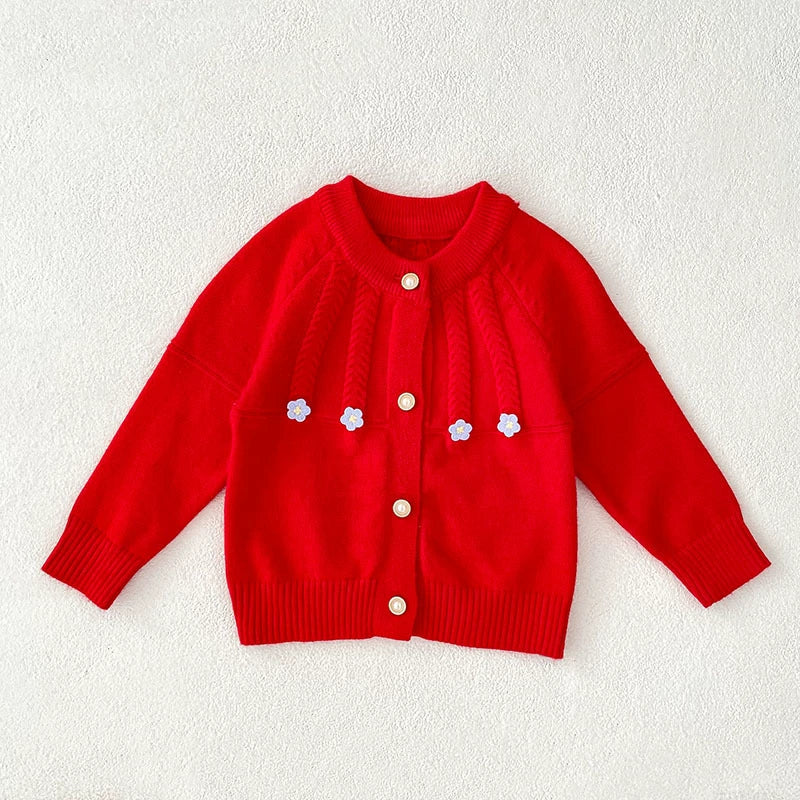 Autumn Arrival Baby Girls Comfortable Flowers Pattern Knitted Long Sleeves Cardigan, MyKids-USA®, Cardigans, MyKids-USA - Size/Age - 73 (6-9M) - Color - Red -  -  - TR2507262231-C
