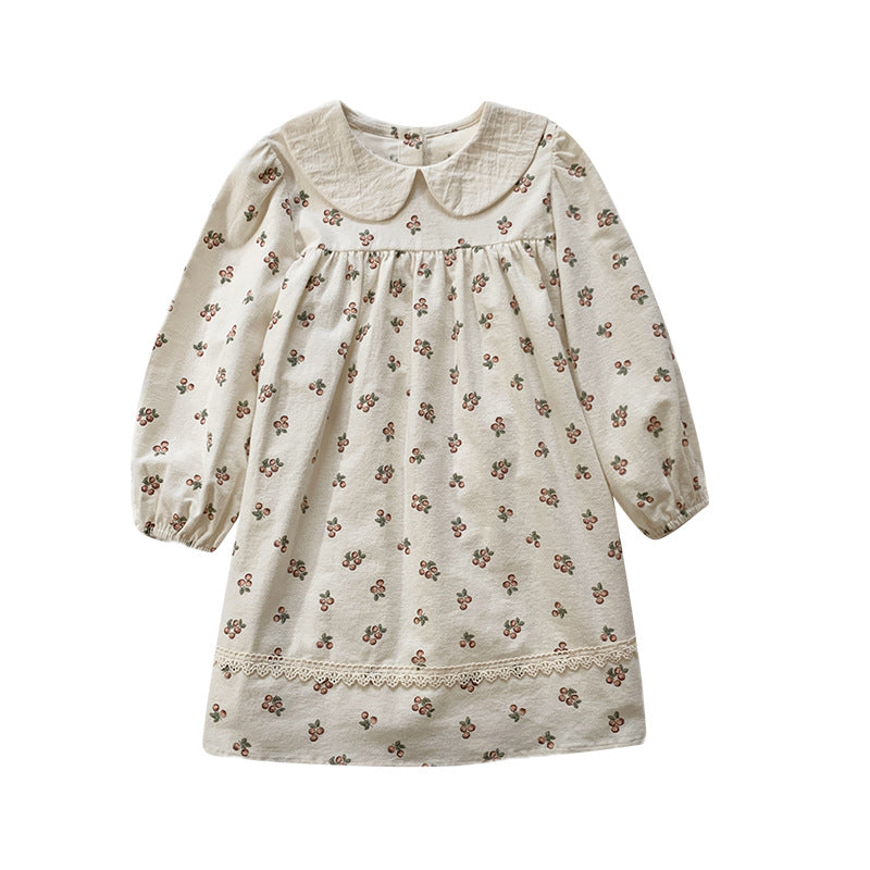 Arrival Autumn Girls Cute Cherry Pattern Long Sleeves Dress with Peter Pan Collar, MyKids-USA®, Baby & Toddler Dresses, MyKids-USA - Size/Age - 90 (12-24M) - Color - Beige -  -  - TR2508272209-A