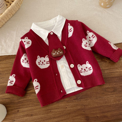 Winter and Autumn Baby Kids Girls Long Sleeves Solid Color Top Shirt, Knitted Pants and Cartoon Pattern Cardigan Clothing Set