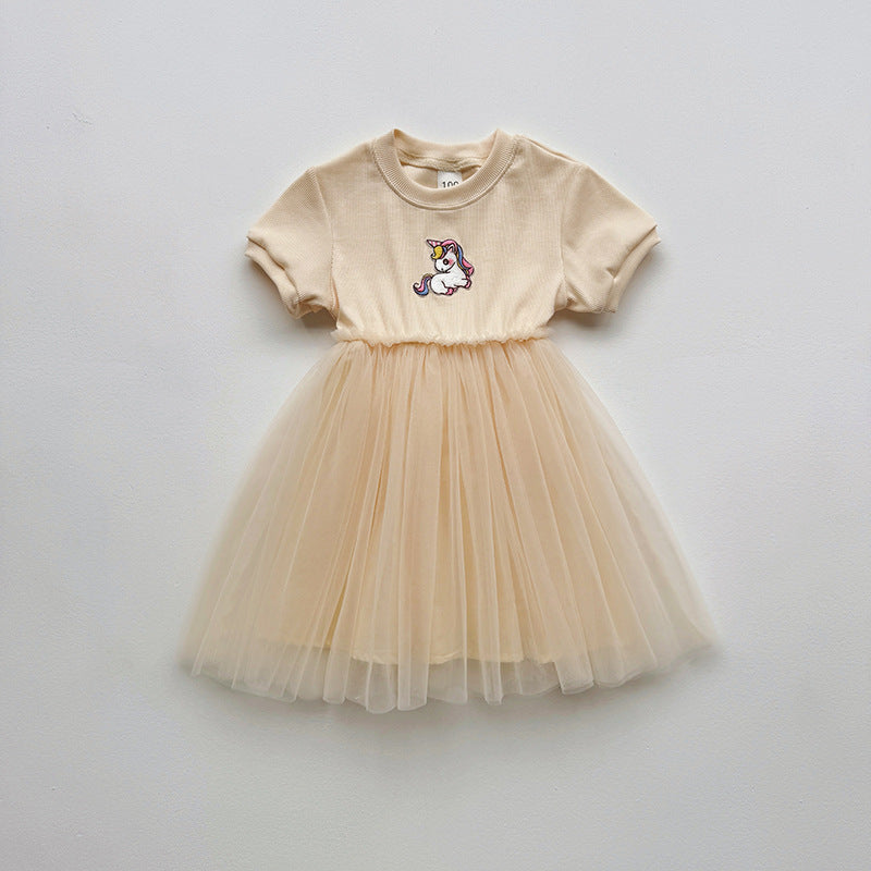 Summer Baby Kids Girls Short-Sleeved Cartoon Unicorn Pattern Mesh Patchwork Dress, MyKids-USA®, Baby & Toddler Dresses, MyKids-USA - Size/Age - 80 (9-12M) - Color - Apricot -  -  - TR2501082247