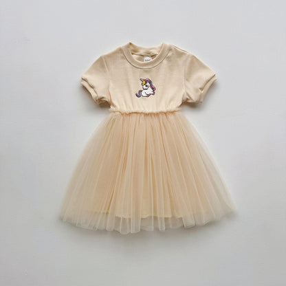 Summer Baby Kids Girls Short-Sleeved Cartoon Unicorn Pattern Mesh Patchwork Dress, MyKids-USA®, Baby & Toddler Dresses, MyKids-USA - Size/Age - 80 (9-12M) - Color - Apricot -  -  - TR2501082247