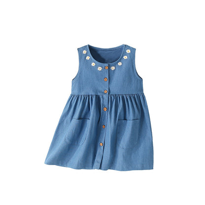 Summer Arrival Flowers Pattern Sleeveless Single Breasted Dress for Stylish Girls, MyKids-USA®, Baby & Toddler Dresses, MyKids-USA - Size/Age - 100 (2-3Y) - Color - Blue -  -  - TR2506052203-A