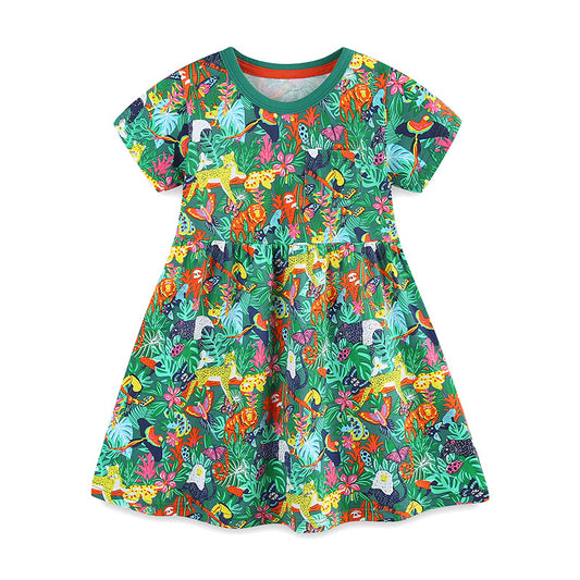 Summer Pure Cotton Cartoon Jungle Animals Pattern Short Sleeves Dress for Stylish Girls, MyKids-USA®, Baby & Toddler Dresses, MyKids-USA -  -  -  -  -  -  - 