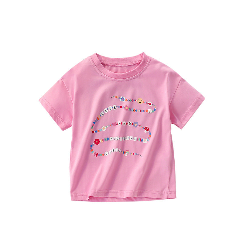 Summer Arrival Girls’ Flowers and Letters Pattern Short Sleeves Pink T-shirt in European and American Style, MyKids-USA®, T-Shirts, MyKids-USA - Size/Age - 100 (2-3Y) - Color - Light Pink -  -  - TR2506282211-A