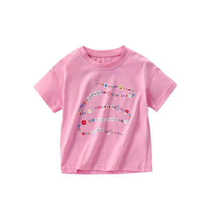 Summer Arrival Girls’ Flowers and Letters Pattern Short Sleeves Pink T-shirt in European and American Style, MyKids-USA®, T-Shirts, MyKids-USA - Size/Age - 100 (2-3Y) - Color - Light Pink -  -  - TR2506282211-A