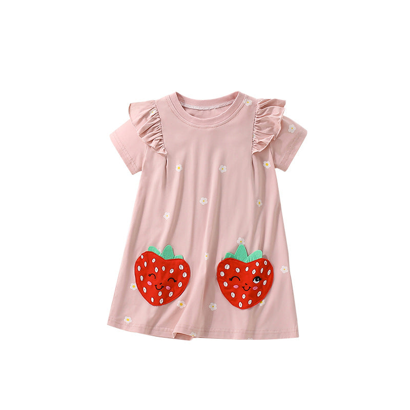 Summer Arrival Red Strawberry Cartoon Pattern Short Sleeves Cute Dress for Stylish Girls, MyKids-USA®, Baby & Toddler Dresses, MyKids-USA - Size/Age - 100 (2-3Y) - Color - Pink -  -  - TR2506101639-A
