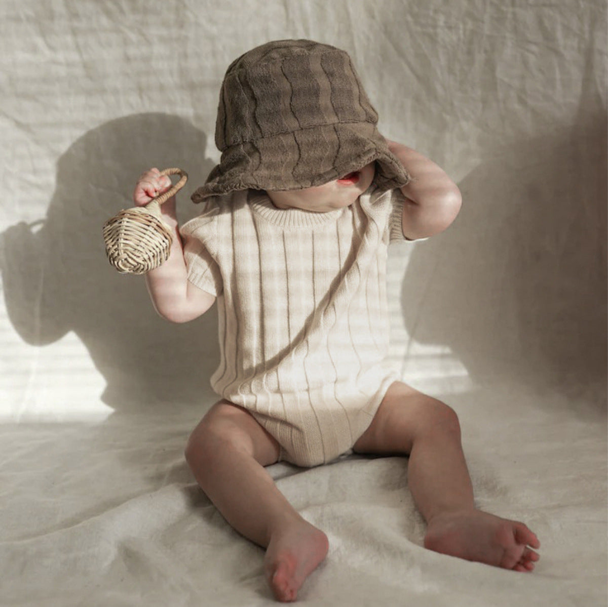Summer Arrival Baby Unisex Short Sleeves Striped Pattern Knitted Bodysuit