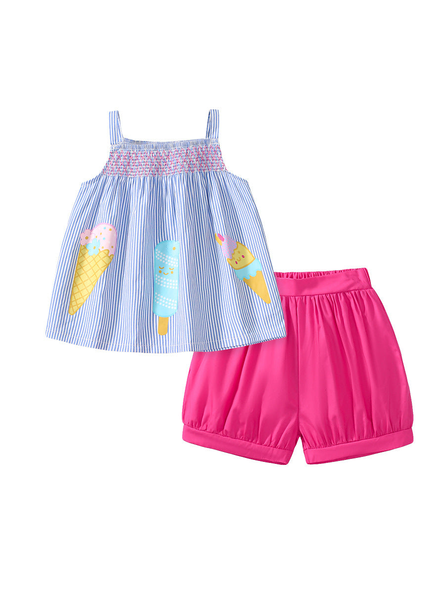 Summer Baby Kids Girls Top Striped Vest And Solid Color Shorts 2-Piece Clothing Set