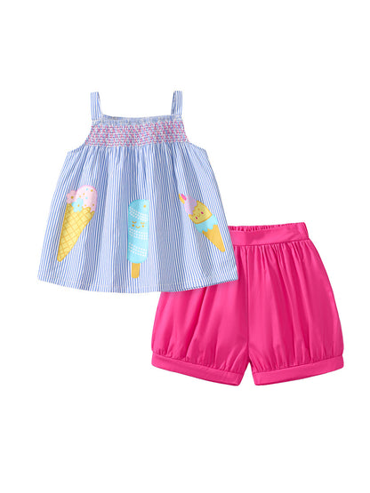 Summer Baby Kids Girls Top Striped Vest And Solid Color Shorts 2-Piece Clothing Set