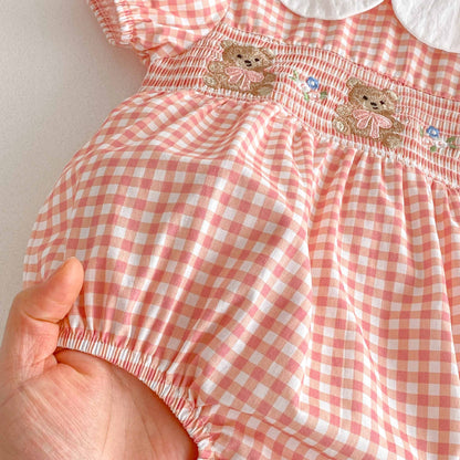 Summer Arrival Baby Girls Cute Plaid Short Sleeves Teddy Pattern Onesies, MyKids-USA®, Baby One-Pieces, MyKids-USA -  -  -  -  -  -  - 