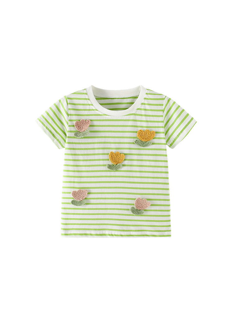 Summer Girls’ Flowers Pattern Striped T-shirt in European and American Style, MyKids-USA®, T-Shirts, MyKids-USA -  -  -  -  -  -  - .