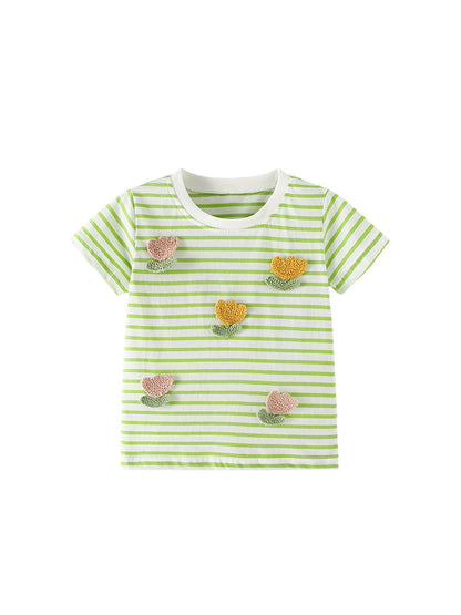 Summer Girls’ Flowers Pattern Striped T-shirt in European and American Style, MyKids-USA®, T-Shirts, MyKids-USA -  -  -  -  -  -  - .