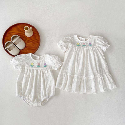 Summer Baby Girls Flowers Embroidery Pattern Hollow Out Short Sleeves Onesies