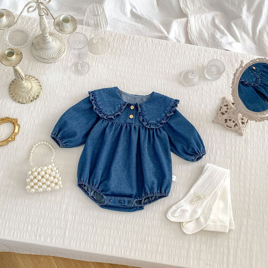 Spring Baby Girls Blue Denim Long-sleeved bodysuit or Dress, MyKids-USA®, Baby & Toddler Outfits, MyKids-USA - Size/Age - 66 (3-6M) - Color - Navy Blue (Dark Blue) -  -  - TR2501052359-A.