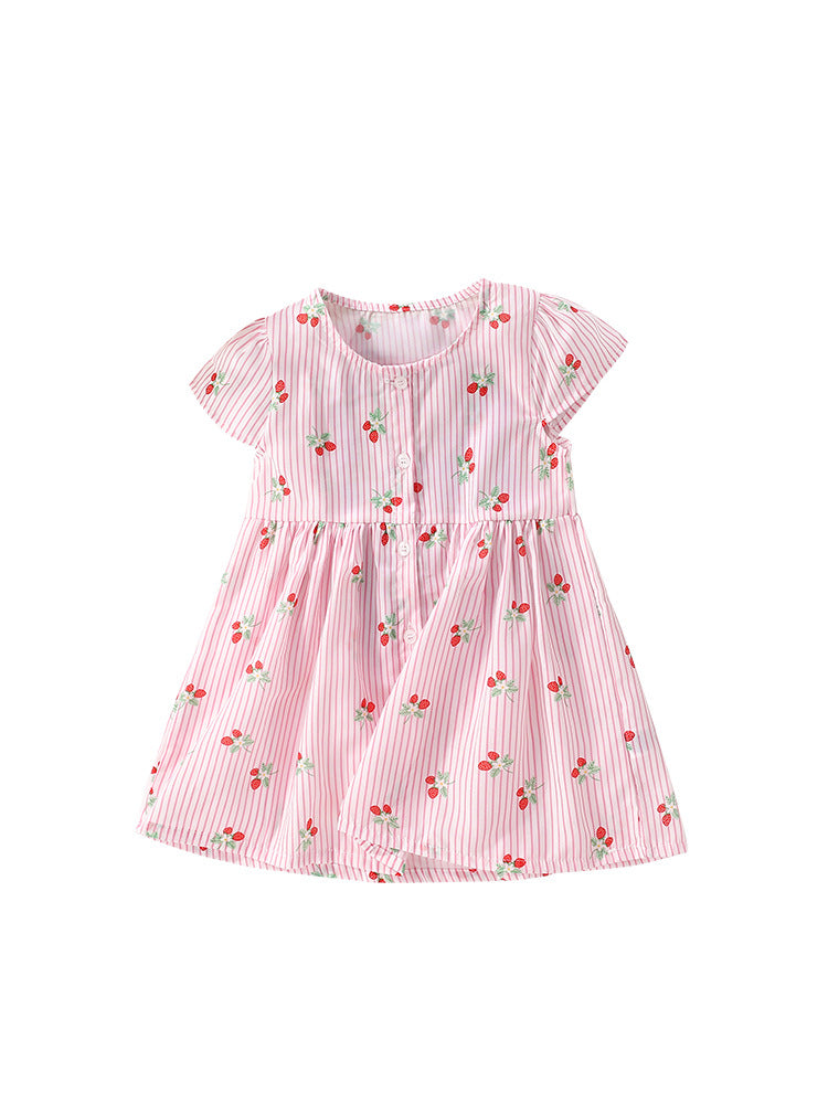 Summer Arrival Girls’ Strawberry Pattern Striped Single Breasted Short Sleeves Round Neck Dress, MyKids-USA®, Baby & Toddler Dresses, MyKids-USA - Size/Age - 90 (12-24M) - Color - Pink -  -  - TR2405302314-A