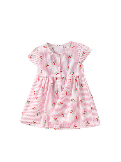 Summer Arrival Girls’ Strawberry Pattern Striped Single Breasted Short Sleeves Round Neck Dress, MyKids-USA®, Baby & Toddler Dresses, MyKids-USA - Size/Age - 90 (12-24M) - Color - Pink -  -  - TR2405302314-A