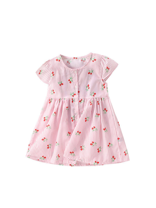 Summer Arrival Girls’ Strawberry Pattern Striped Single Breasted Short Sleeves Round Neck Dress, MyKids-USA®, Baby & Toddler Dresses, MyKids-USA - Size/Age - 90 (12-24M) - Color - Pink -  -  - TR2405302314-A