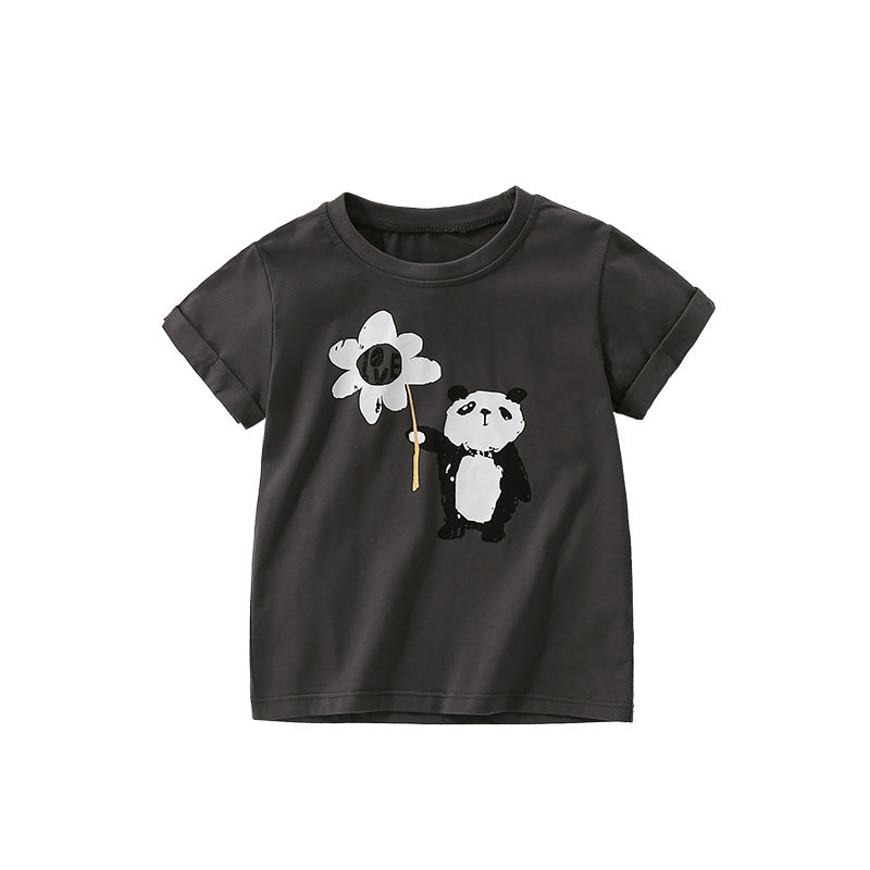 Summer Boys’ Cartoon Panda Pattern T-shirt in European and American Style, MyKids-USA®, Baby & Toddler Tops, MyKids-USA - Size/Age - 100 (2-3Y) - Color - Black -  -  - TR2504271817-A