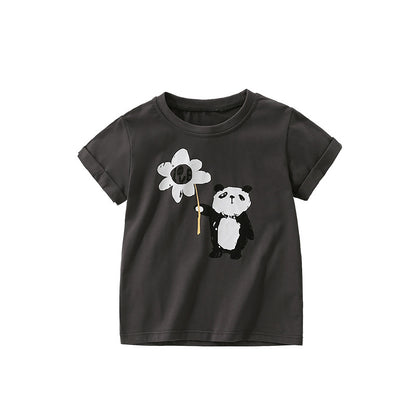 Summer Boys’ Cartoon Panda Pattern T-shirt in European and American Style, MyKids-USA®, Baby & Toddler Tops, MyKids-USA - Size/Age - 100 (2-3Y) - Color - Black -  -  - TR2504271817-A