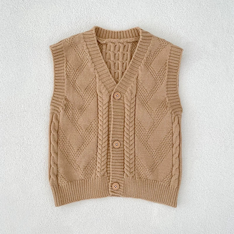 Autumn Arrival Baby Unisex Comfortable Jacquard Pattern Knitted Sleeveless V Neck Vest, MyKids-USA®, Tunics, MyKids-USA - Size/Age - 59 (0-3M) - Color - Khaki -  -  - TR2507272232-C