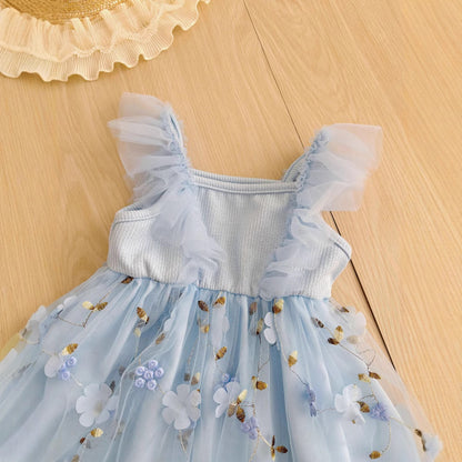 Summer Hot Selling Kids Girls Cute Blue Sleeveless Floral Tulle Dress, MyKids-USA®, Baby & Toddler Dresses, MyKids-USA -  -  -  -  -  -  - 