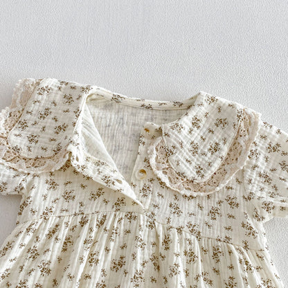 Summer Arrival Baby Girls Short Sleeves Flowers Pattern Vintage Bodysuit with Hat, MyKids-USA®, Baby & Children's One-Pieces, MyKids-USA -  -  -  -  -  -  - .