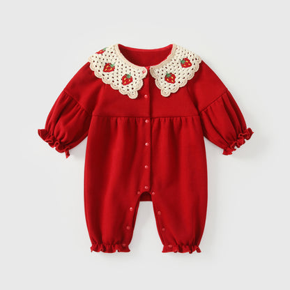 Arrival Spring Baby Girls Red Single Breasted Long Sleeves Rompers with Strawberry Pattern Collar, MyKids-USA®, Baby One-Pieces, MyKids-USA - Size/Age - 66 (3-6M) - Color - Red -  -  - TR2601052024-A.