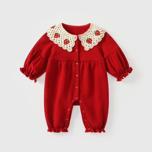 Arrival Spring Baby Girls Red Single Breasted Long Sleeves Rompers with Strawberry Pattern Collar, MyKids-USA®, Baby One-Pieces, MyKids-USA - Size/Age - 66 (3-6M) - Color - Red -  -  - TR2601052024-A.