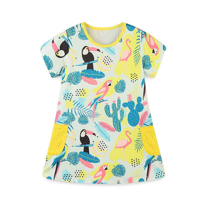 Summer Arrival Colorful Jungle Cartoon Pattern Short Sleeves Dress for Stylish Girls, MyKids-USA®, Baby & Toddler Dresses, MyKids-USA - Size/Age - 90 (12-24M) - Color - Colorful -  -  - TR2506171747-A