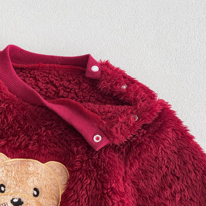 Cute And Cozy Baby Teddy Bear Romper For Autumn/Winter Outings – Red Infant Jumpsuit With Added Warmth, Perfect For Baby Clothing