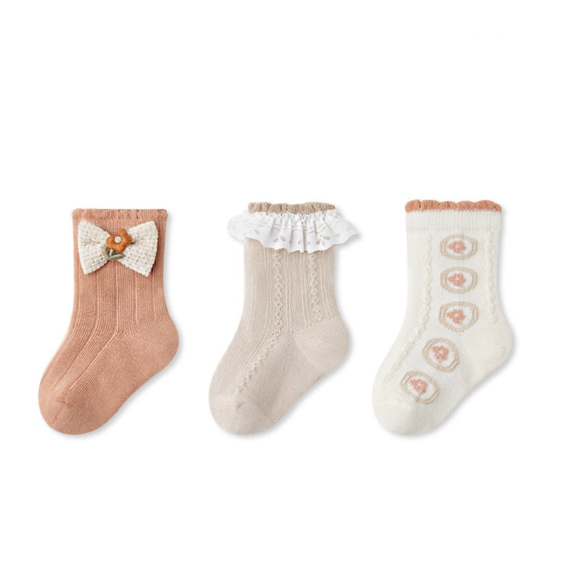 Autumn and Spring Arrival Baby Girls Breathable Cute Pattern Socks 1 Lot=3-Pair Set, MyKids-USA®, Baby & Toddler Socks & Tights, MyKids-USA - Size/Age - XS (0-6M) - Color - Orange -  -  - TR2601112230-B.