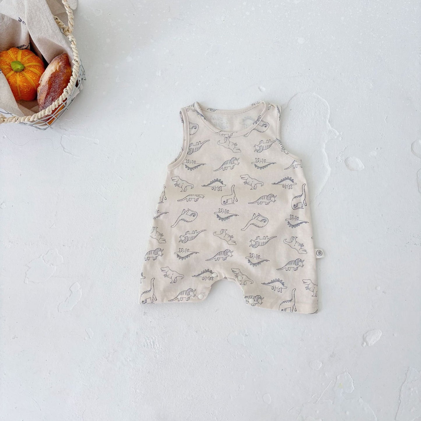 Summer Arrival Baby Unisex Simple Dinosaurs Pattern Sleeveless Crew Neck Rompers, MyKids-USA®, Baby One-Pieces, MyKids-USA - Size/Age - 66 (3-6M) - Color - Beige -  -  - TR2505132022-A