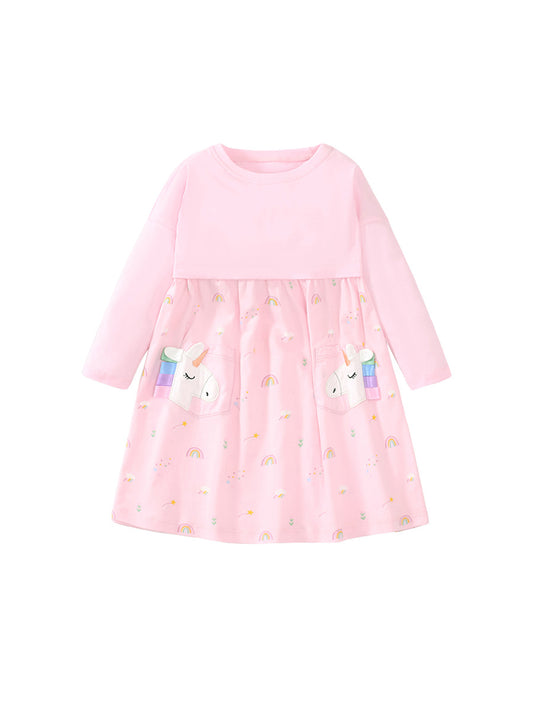 Arrival Autumn Girls Long Sleeves Rainbow And Unicorn Pattern Crew Neck Dress, MyKids-USA®, Baby & Toddler Dresses, MyKids-USA - Size/Age - 90 (12-24M) - Color - Pink -  -  - TR2406252353-A