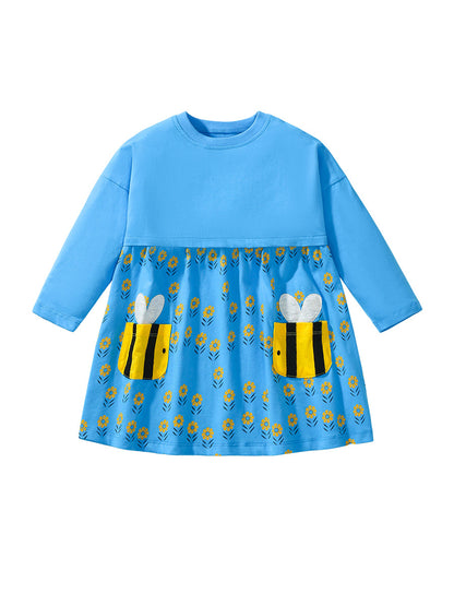 Design Autumn Girls Vivid Floral Pattern And Bees Pocketed Long Sleeves Dress, MyKids-USA®, Baby & Toddler Dresses, MyKids-USA - Size/Age - 90 (12-24M) - Color - Blue -  -  - TR2407281510-A