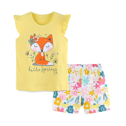 Summer Baby Kids Girls Floral Fox Cartoon Print T-Shirt And Shorts Clothing Set