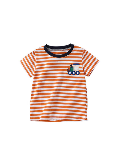 Summer Boys’ Train Embroidered Pattern Striped T-shirt in European and American Style, MyKids-USA®, Baby & Toddler Tops, MyKids-USA - Size/Age - 100 (2-3Y) - Color - Orange -  -  - TR2505091749-A