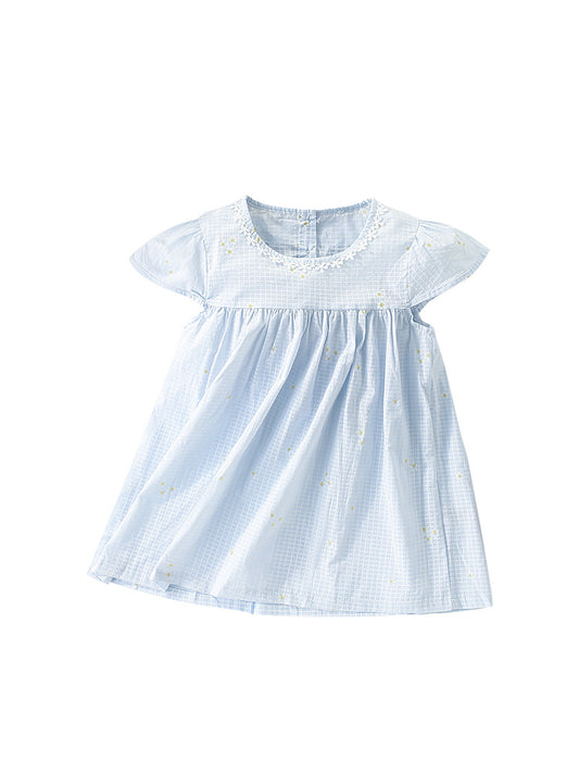 Summer New Arrival Girls’ Simple Plaid Short Sleeves Light Blue Dress