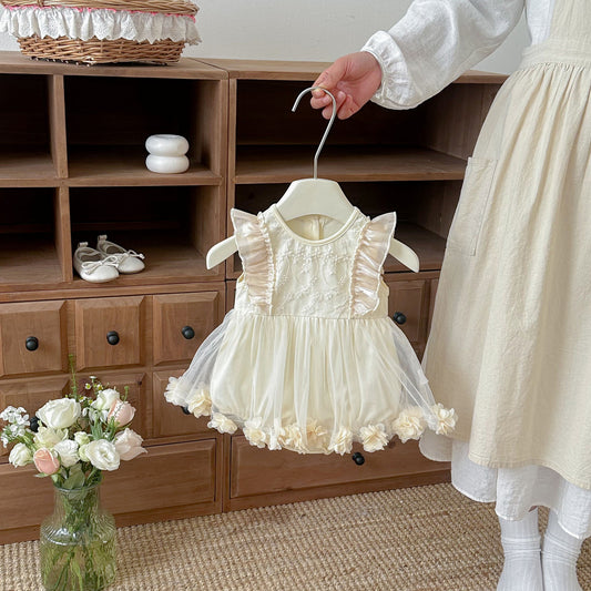 Design Summer Baby Kids Girls Fly Sleeves Flowers Pattern Tulle Decorated Bodysuit