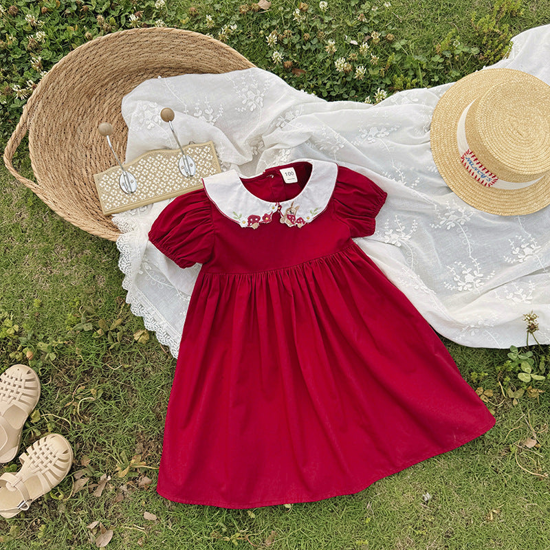 Summer Arrival Baby Girls Short Sleeves Flowers and Fruits Pattern Collar Dress, MyKids-USA®, Baby & Children's Dresses, MyKids-USA - Size/Age - 90 (12-24M) - Color - Red -  -  - TR2604082321-B.