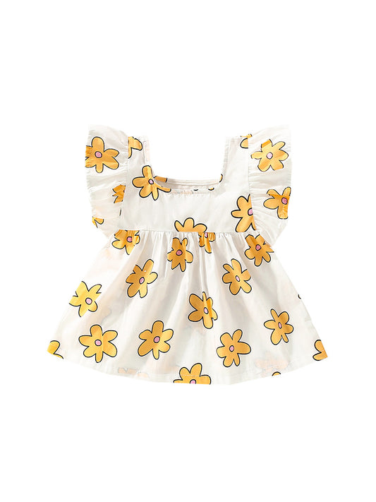 Summer New Arrival Baby Kids Girls Fly Sleeves Floral Print Square Neck Yellow Dress