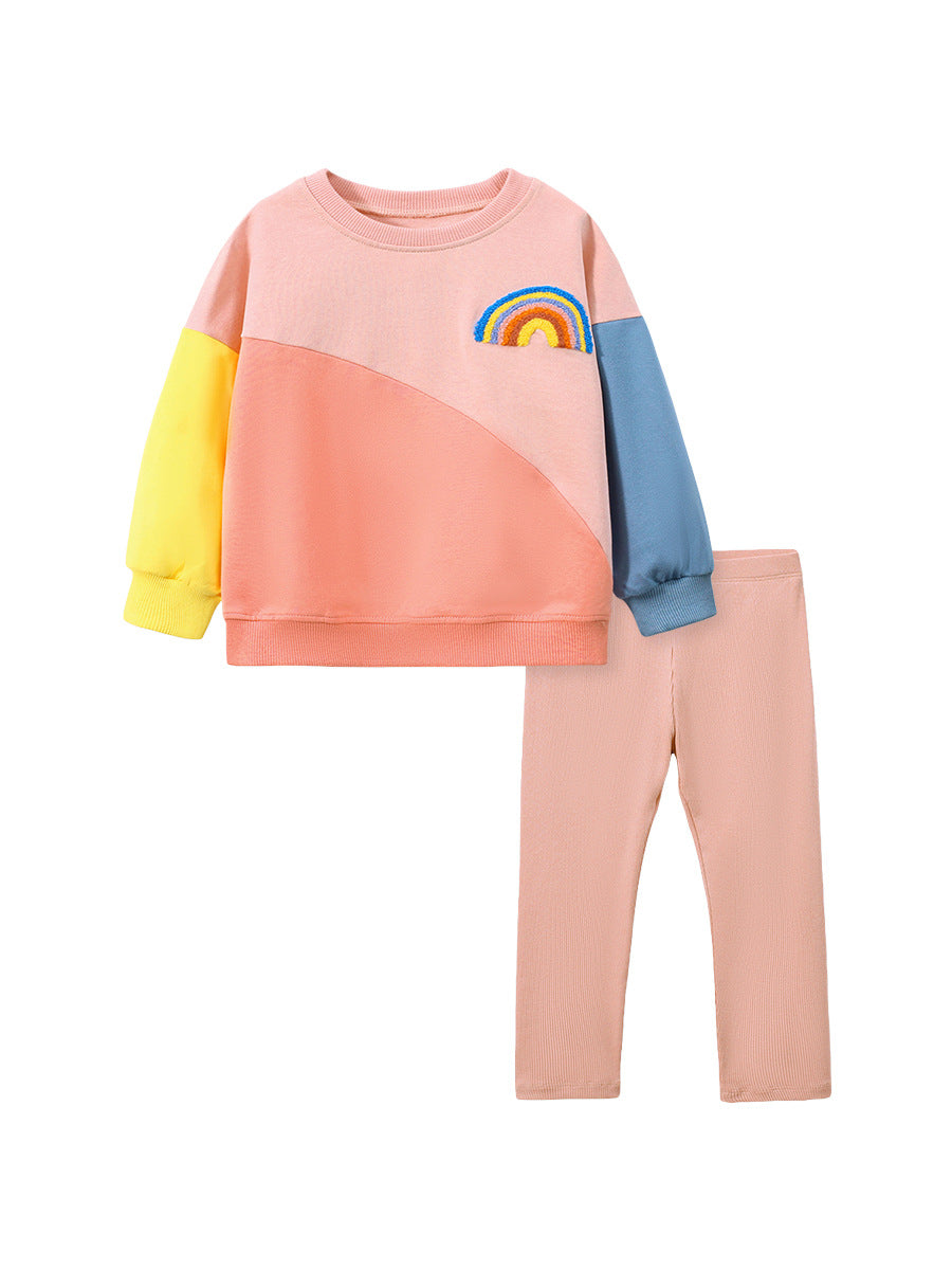 Girls Rainbow Embroidered Patchwork Design Pullover And Pants Set