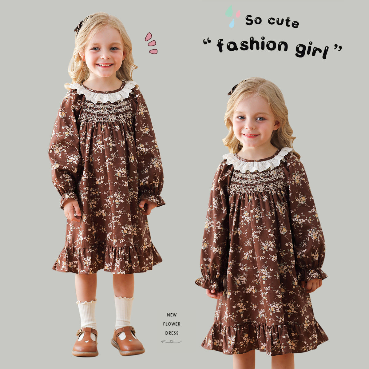 Arrival Autumn Girls Vintage Ruffle Collar Long Sleeves Floral Pattern ...