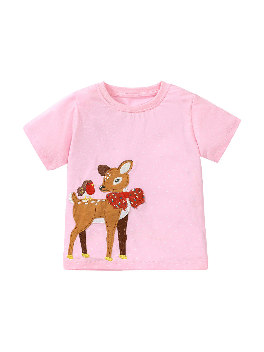 Crew Neck Girls Deer And Bird Pattern T-Shirt In European And American Style For Summer