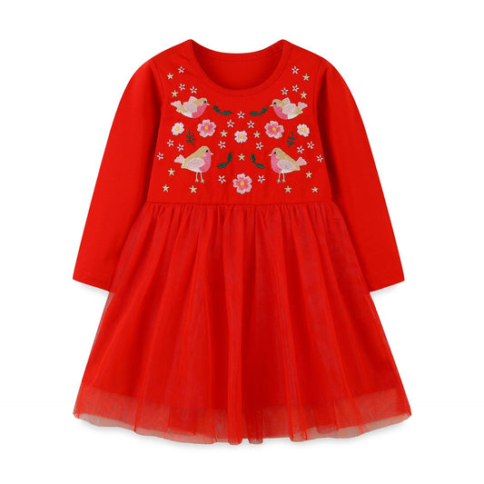 Children’s Dress With Cute Embroidery, European-American Style Mesh Princess Dress
