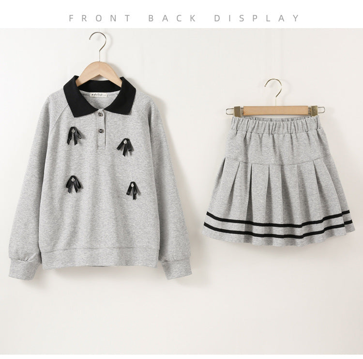 Arrival Autumn Kids Girls Long Sleeves Butterfly-bows Pattern Sweatshirt and Striped Skirt Sets
