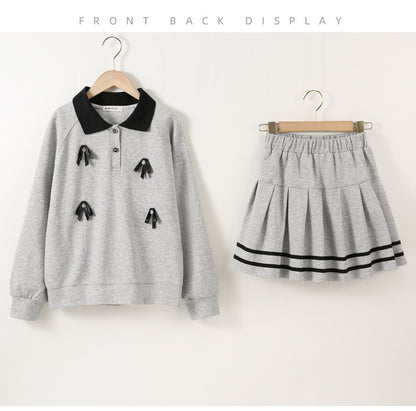 Arrival Autumn Kids Girls Long Sleeves Butterfly-bows Pattern Sweatshirt and Striped Skirt Sets