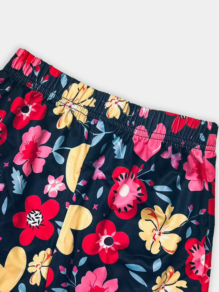 Summer Hot Selling Baby Kids Girls Short Sleeves Floral Cartoon Pattern T-shirt and Shorts Clothing Set